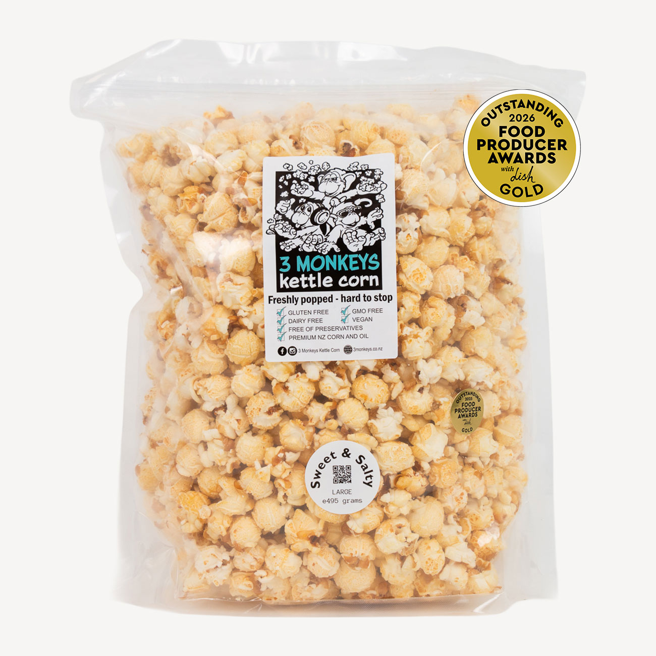 3 Monkeys Kettle Corn Sweet And Salty 495g